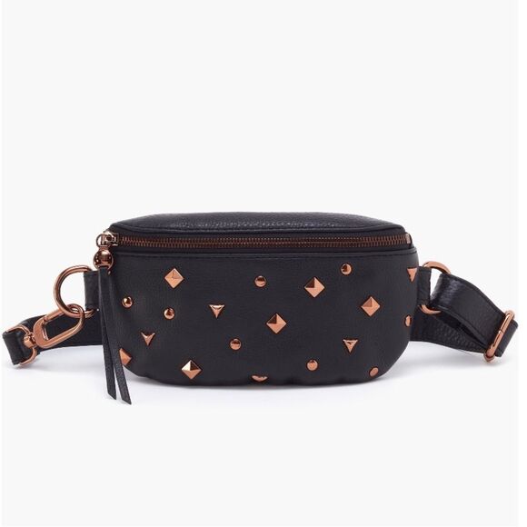 HOBO Fern Studded Leather‎ Belt Bag Fanny Pack Crossbody, Black/Rose Gold NWT - Picture 1 of 5